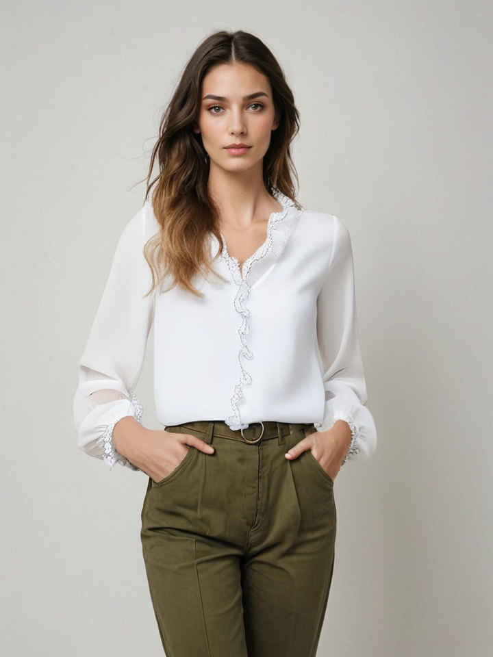 Elegante Damen Langarmbluse für den Sommer in Weiß