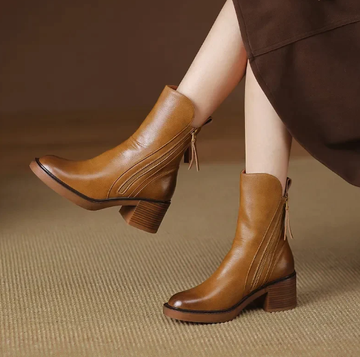 Elegante Damen Leder Stiefeletten für Herbst in Braun