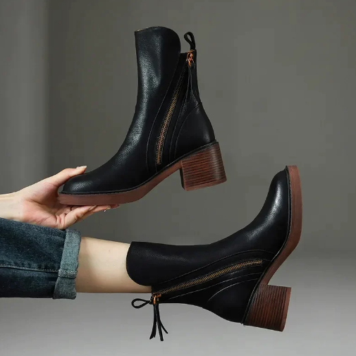 Elegante Damen Leder Stiefeletten für Herbst in Schwarz