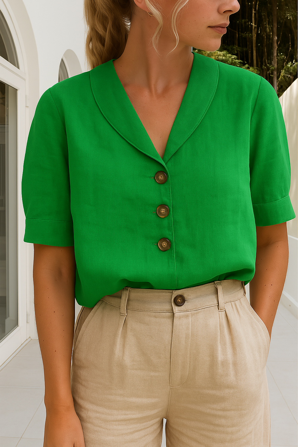 Elegante Damen Leinen Sommerbluse in Grün