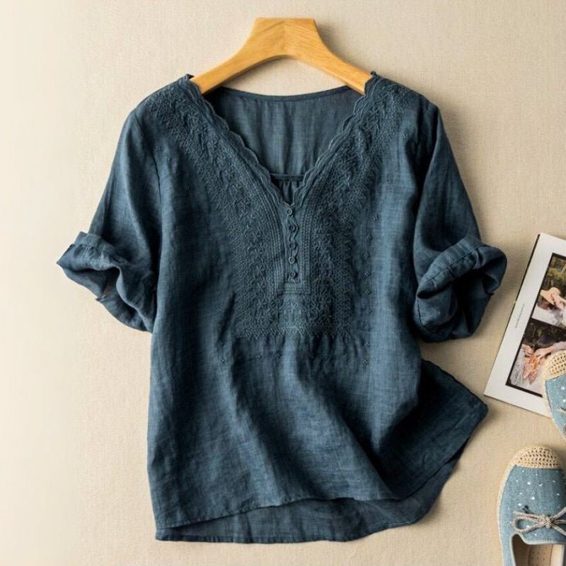 Elegante Damen Leinenbluse mit feiner Stickerei in Marineblau