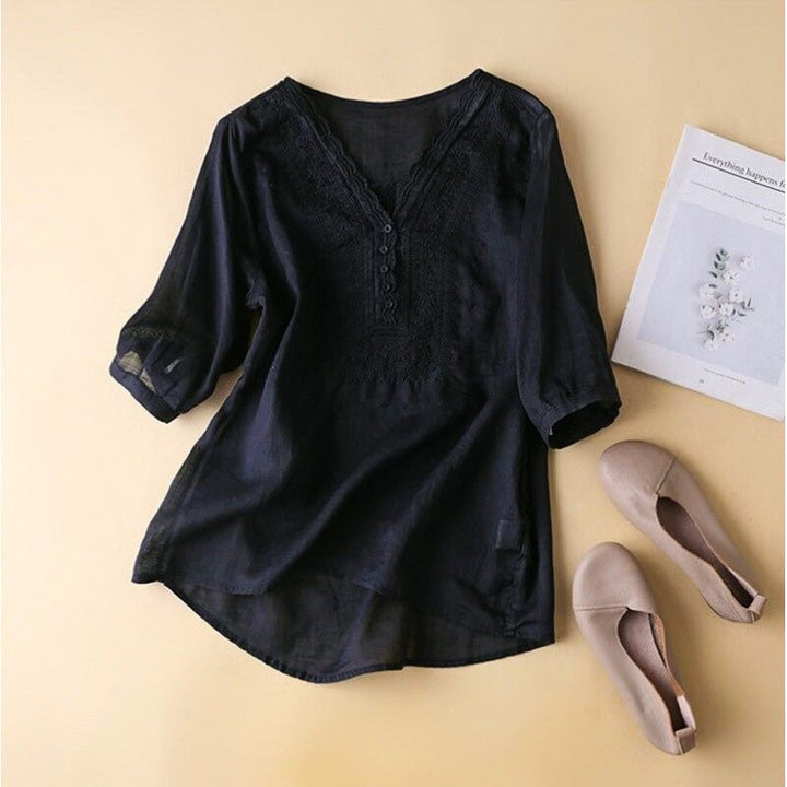 Elegante Damen Leinenbluse mit feiner Stickerei in Midnight Black