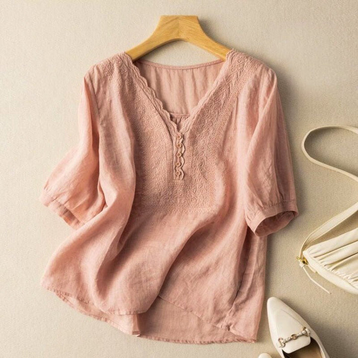 Elegante Damen Leinenbluse mit feiner Stickerei in Rosa