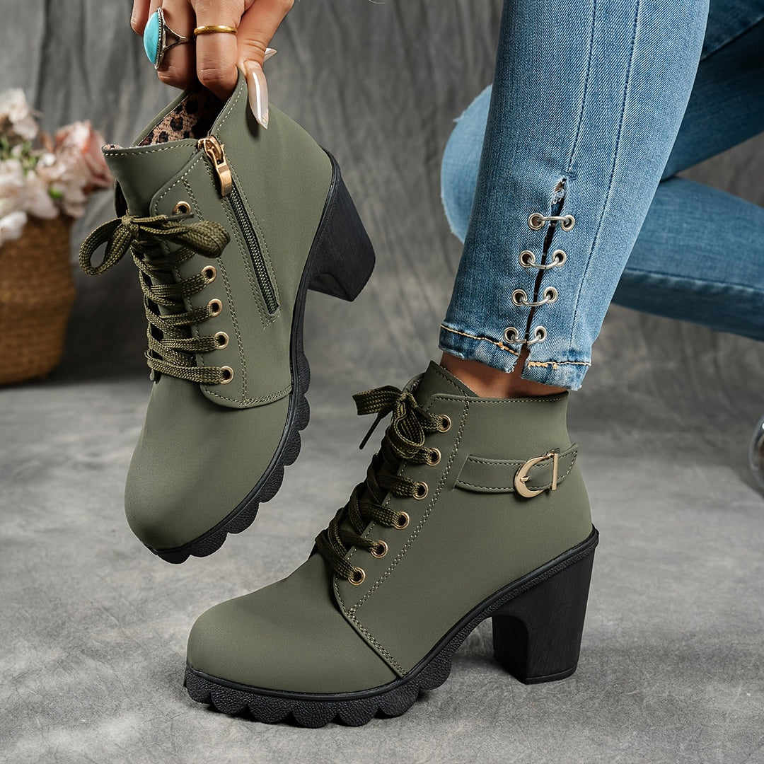 Elegante Damen Stiefeletten mit Blockabsatz und Seitenzipper in Grün