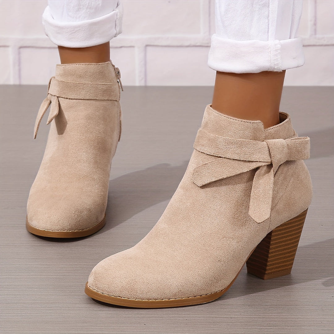 Elegante Damen Stiefeletten mit Schleife und Blockabsatz in Beige