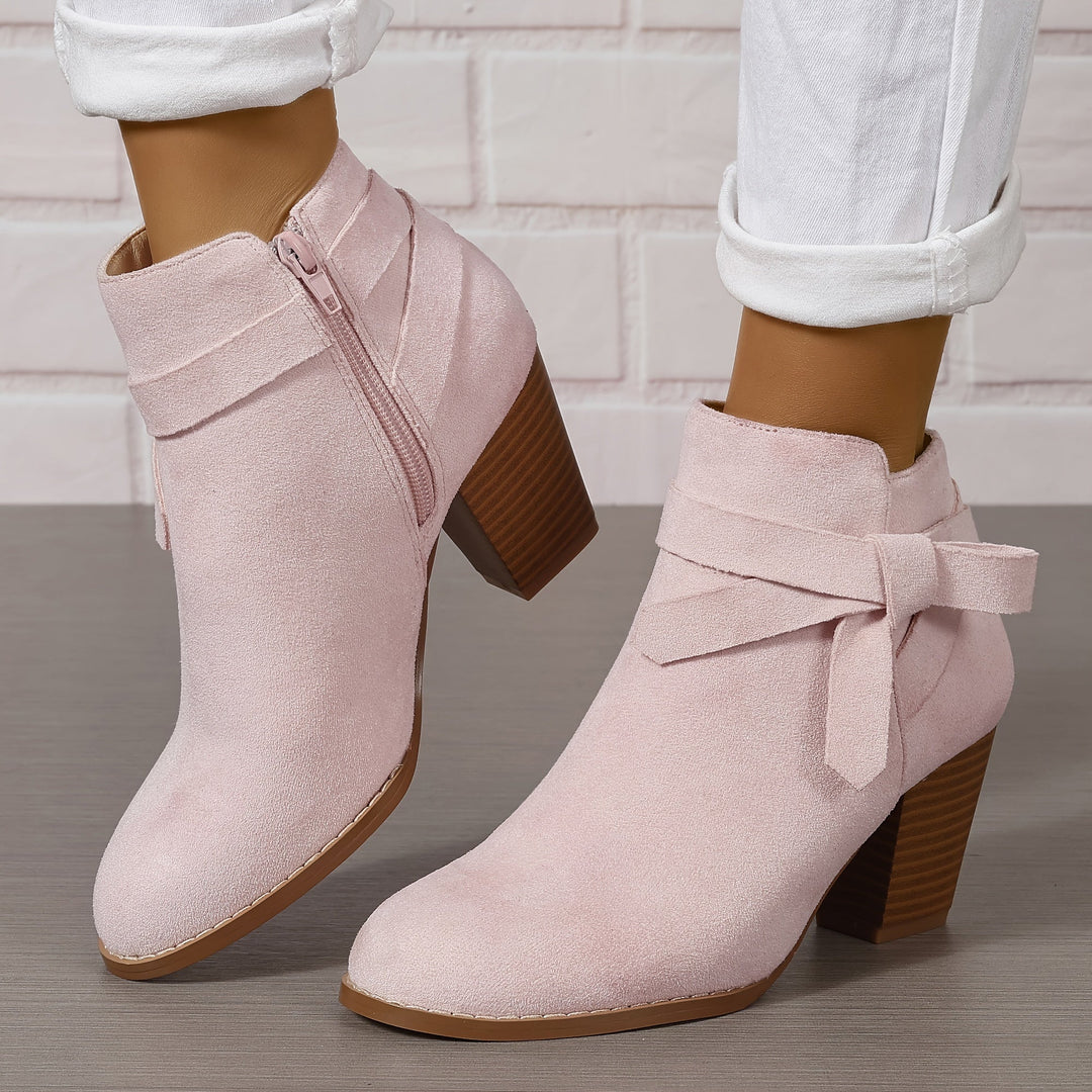 Elegante Damen Stiefeletten mit Schleife und Blockabsatz in Rosa