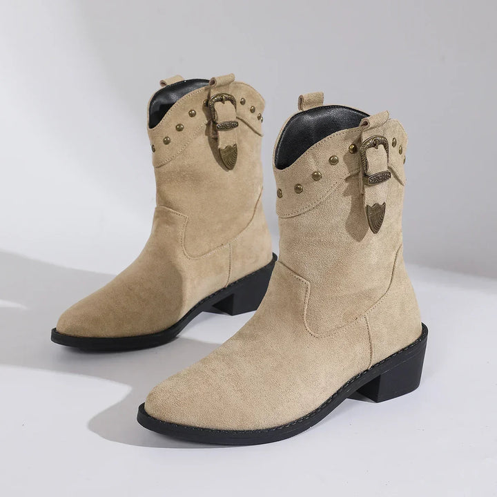 Elegante Damen Wildleder Stiefeletten im Reiterstil in Beige