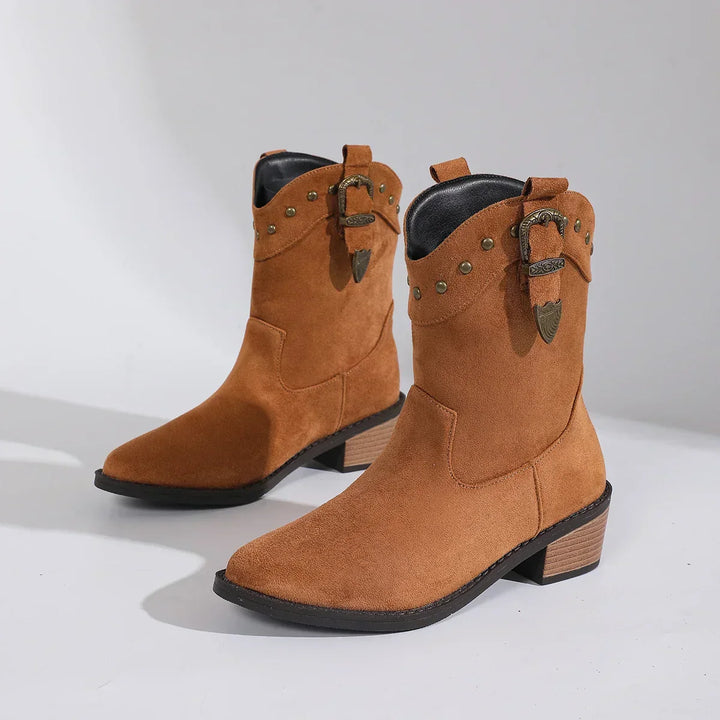 Elegante Damen Wildleder Stiefeletten im Reiterstil in Braun