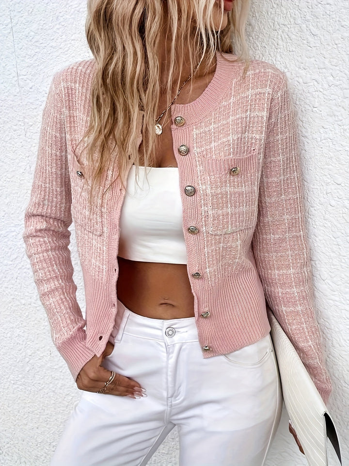 Elegante Kurz-Strickjacke aus Tweed für Damen in Rosa Weiß