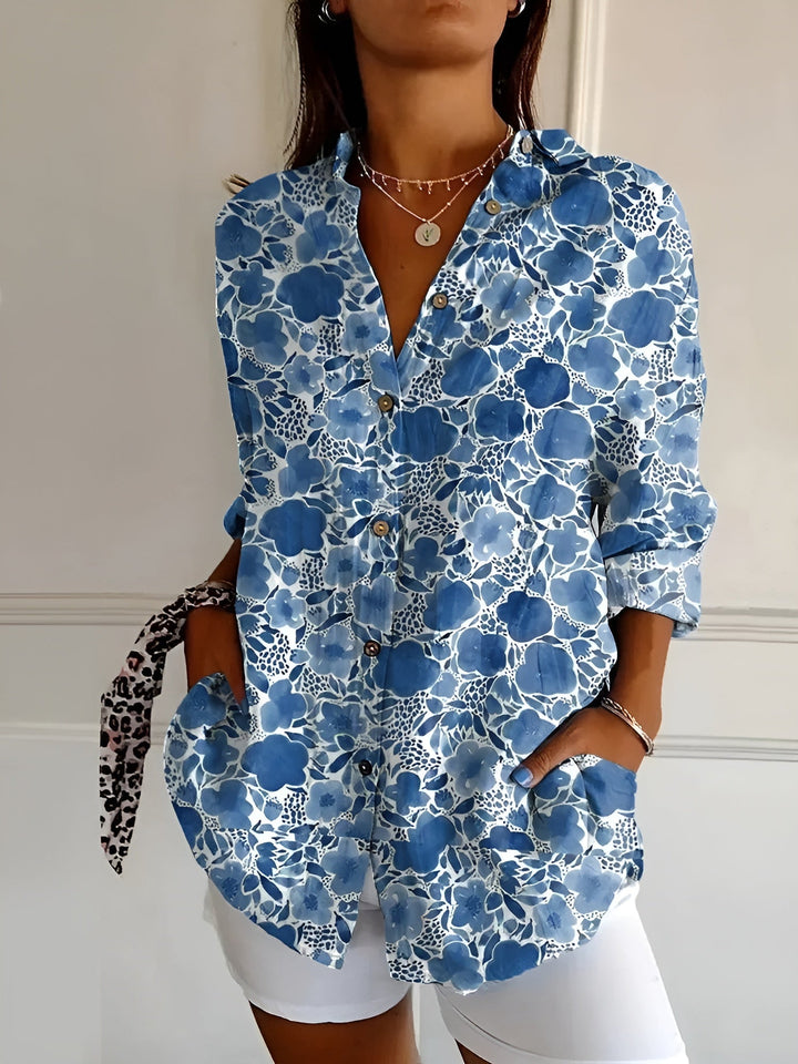 Elegante Leinenbluse mit Mustern in Dunkelblau Floral