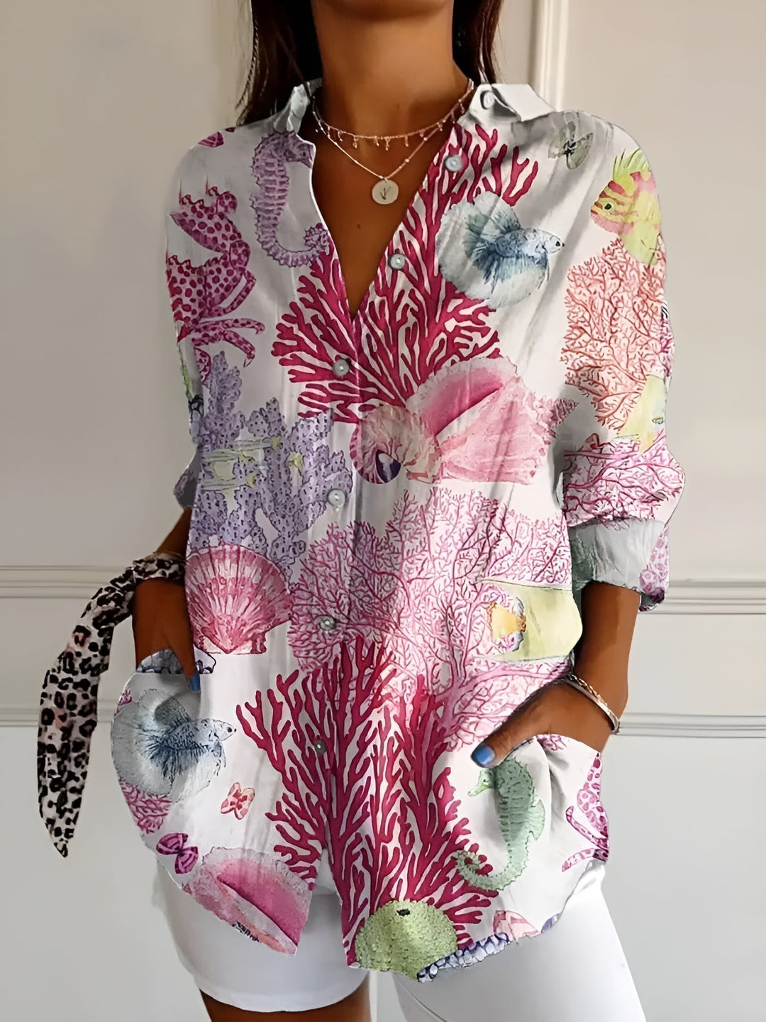 Elegante Leinenbluse mit Mustern in Rosa