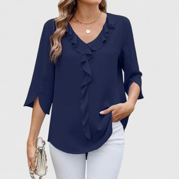 Elegante Rüschen-Bluse mit V-Ausschnitt in Blau