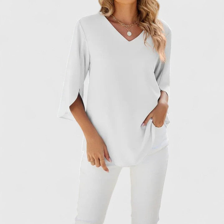 Elegante Rüschen-Bluse mit V-Ausschnitt in Classic White