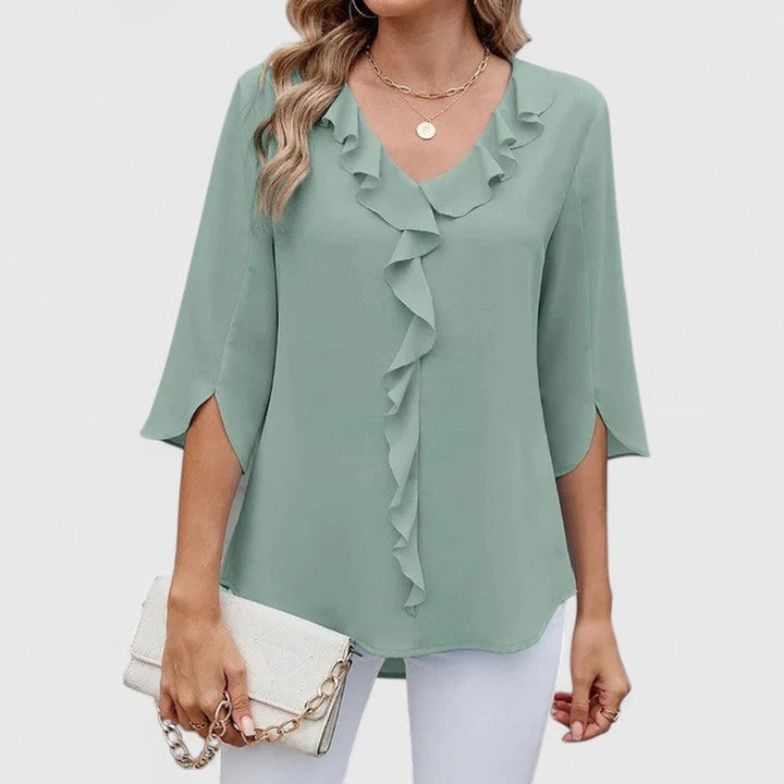 Elegante Rüschen-Bluse mit V-Ausschnitt in Grün