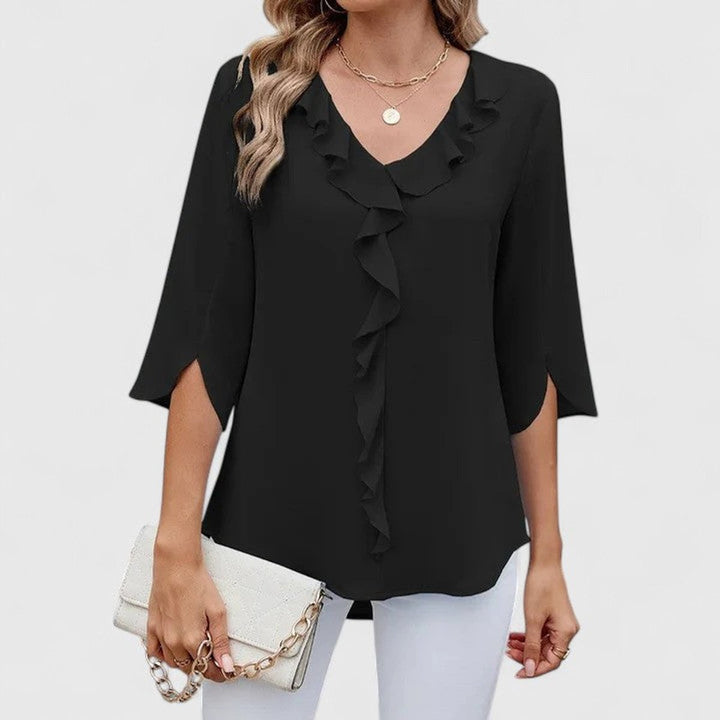 Elegante Rüschen-Bluse mit V-Ausschnitt in Schwarz