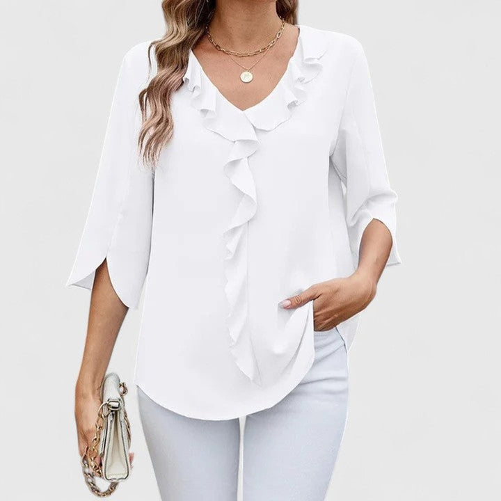 Elegante Rüschen-Bluse mit V-Ausschnitt in Weiß