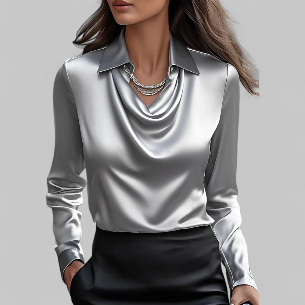 Elegante Wasserfallausschnitt Satinbluse für Damen in Grau