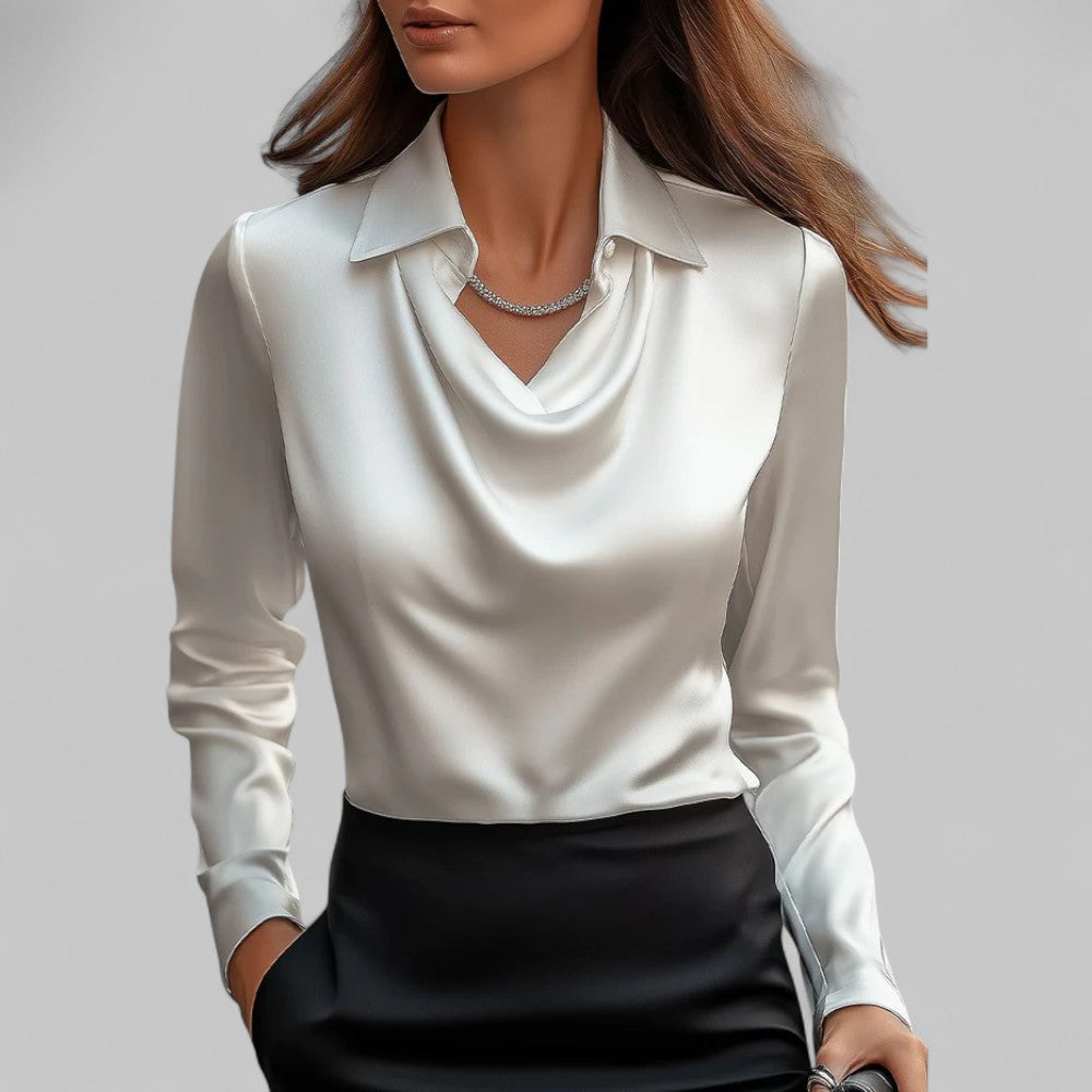 Elegante Wasserfallausschnitt Satinbluse für Damen in Weiß