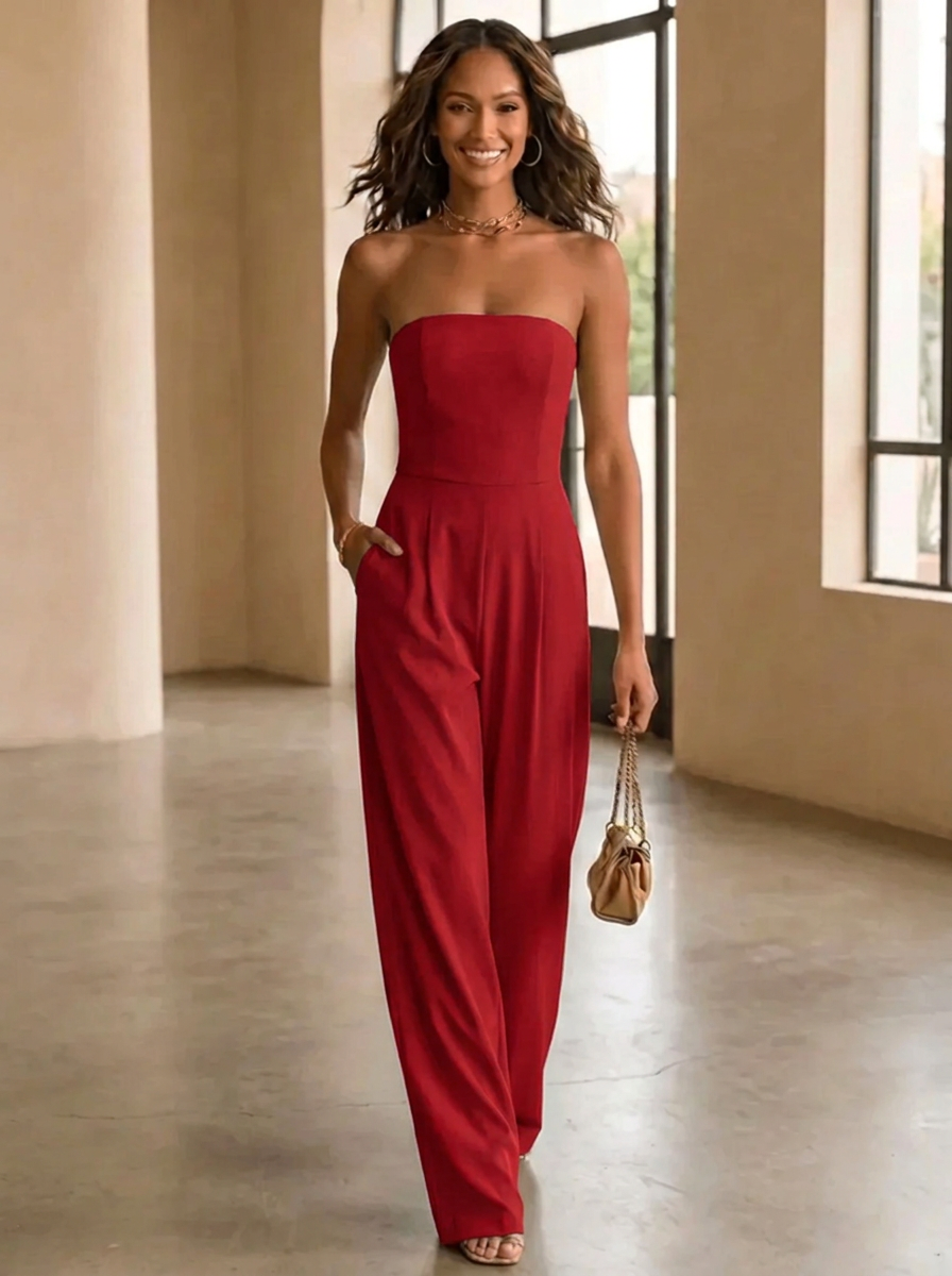 Eleganter Damen Jumpsuit mit weitem Bein in Dunkelrot
