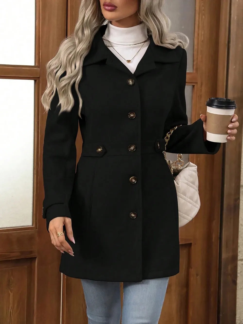 Eleganter Damen Trenchcoat mit Gürtel für Herbst in Schwarz