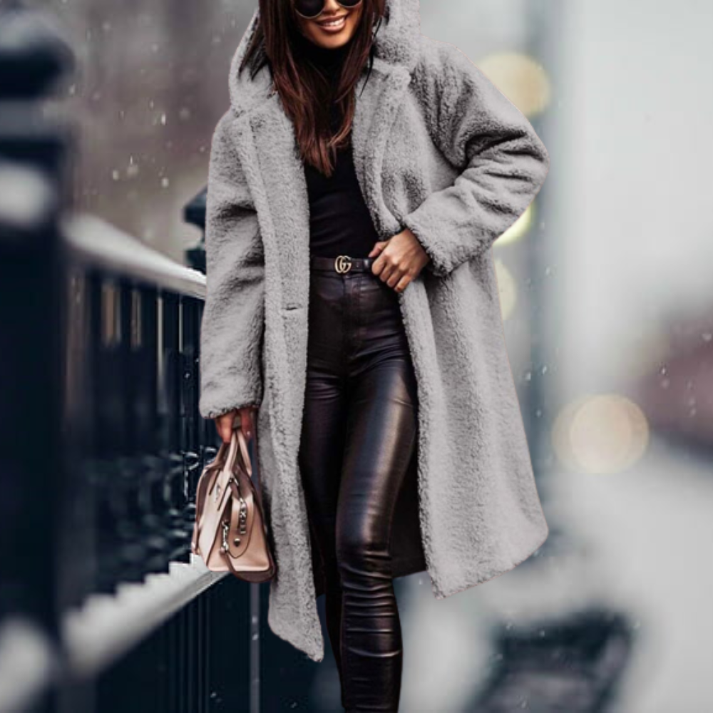 Eleganter Damen Wintermantel aus Kunstfell in Grau