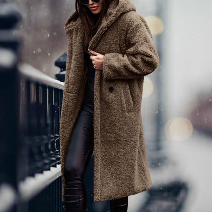 Eleganter Damen Wintermantel aus Kunstfell in Khaki