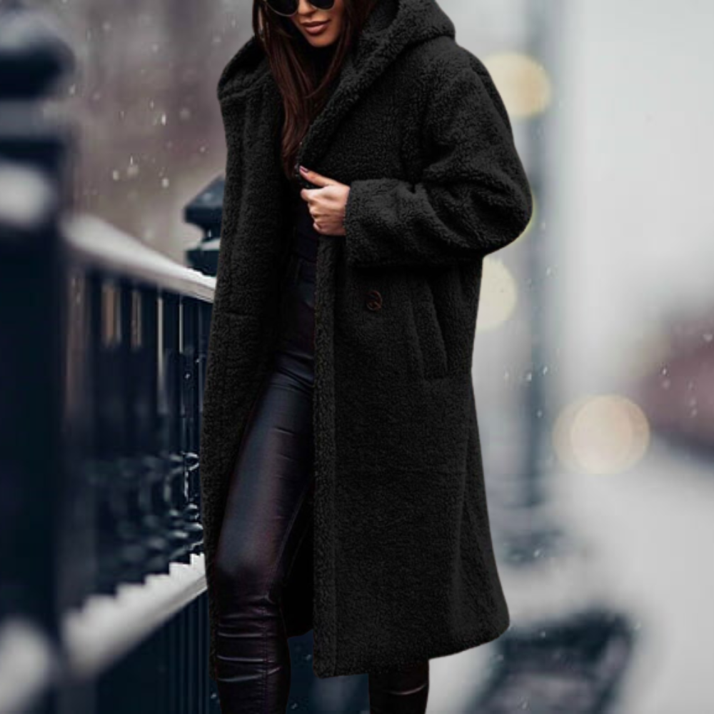 Eleganter Damen Wintermantel aus Kunstfell in Schwarz