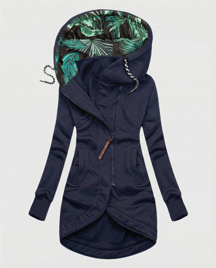 Eleganter Damen Wintermantel mit Kapuze für Herbst in Marineblau