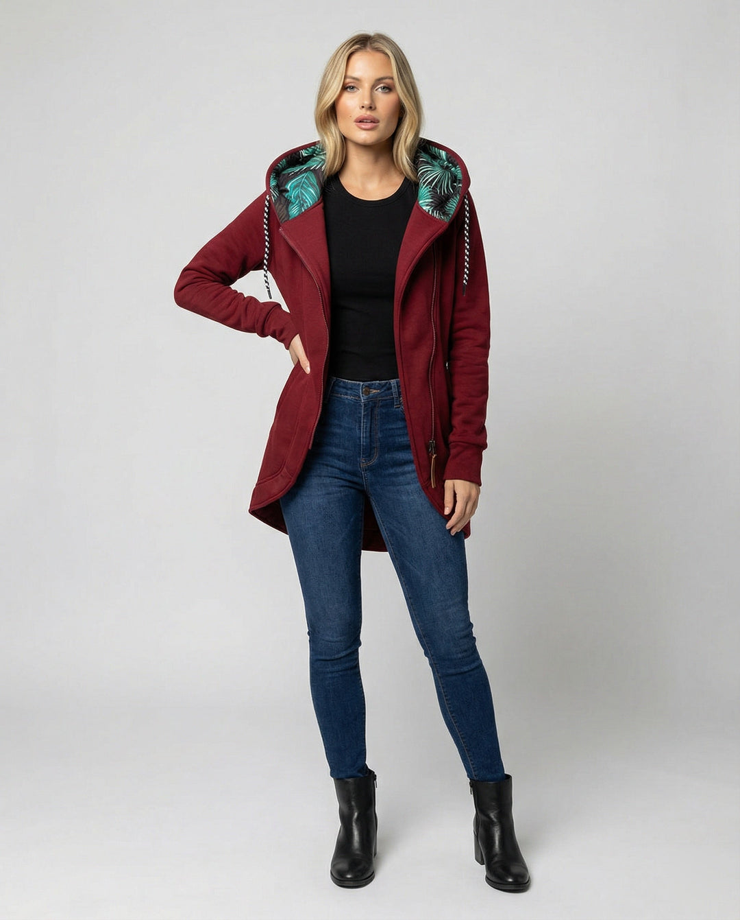 Eleganter Damen Wintermantel mit Kapuze für Herbst in Weinrot