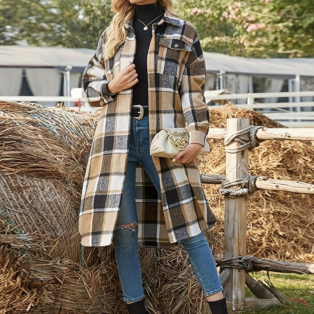 Eleganter Damen Wintermantel mit Karomuster in Khaki