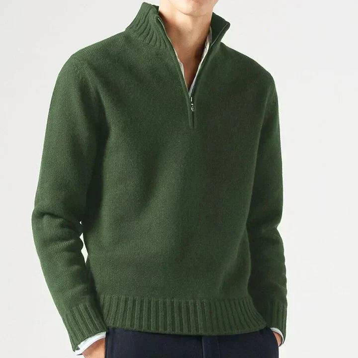 Eleganter Herren Strickpullover mit Reißverschluss in Dunkelgrün