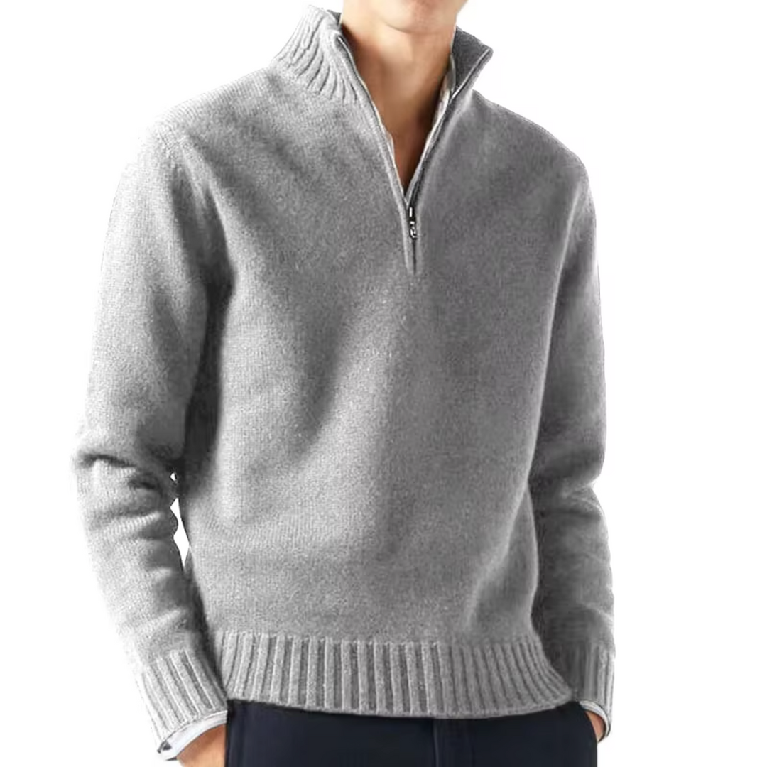 Eleganter Herren Strickpullover mit Reißverschluss in Hellgrau