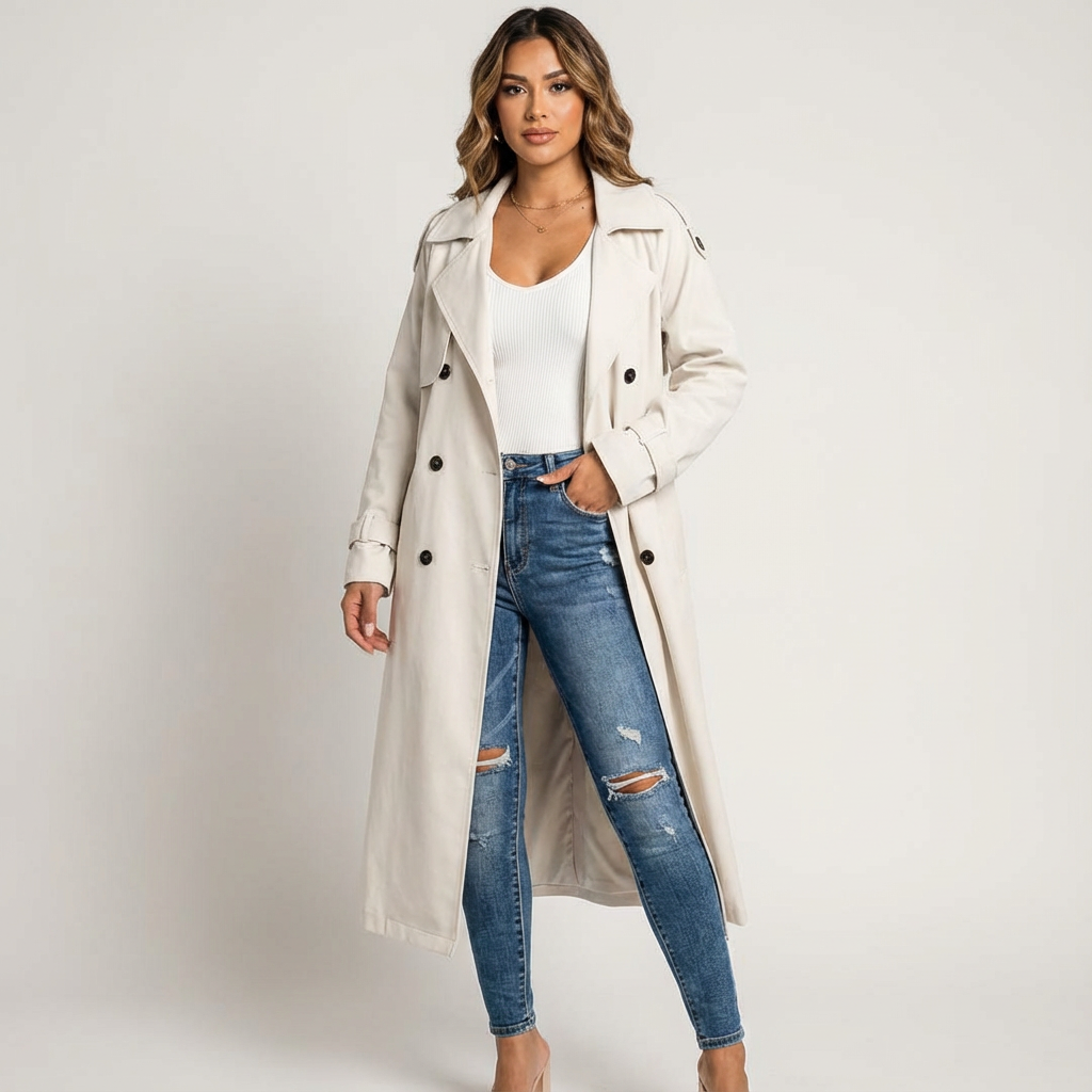 Eleganter langer Damen Trenchcoat für jeden Anlass (7)