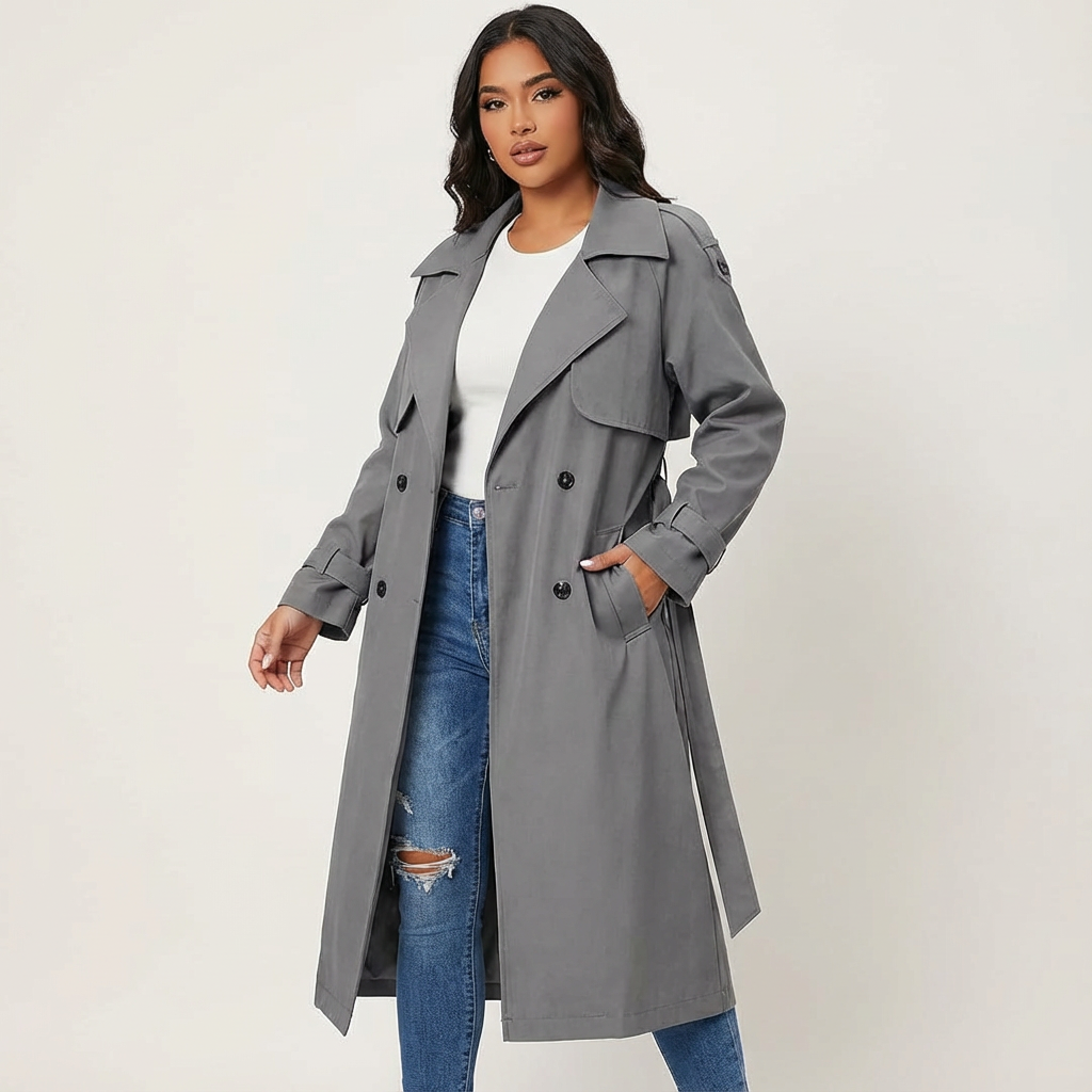 Eleganter langer Damen Trenchcoat für jeden Anlass in Grau