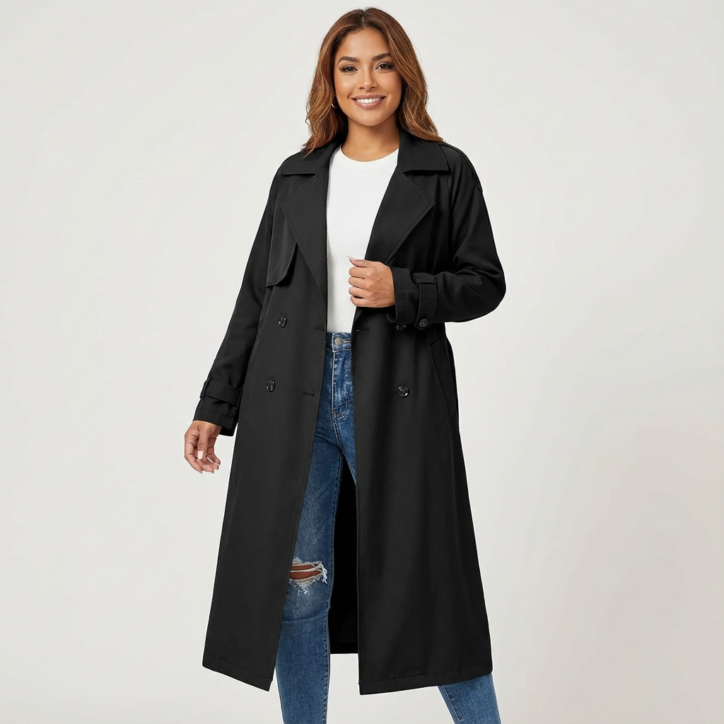 Eleganter langer Damen Trenchcoat für jeden Anlass in Schwarz