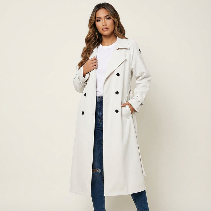 Eleganter langer Damen Trenchcoat für jeden Anlass in Weiß