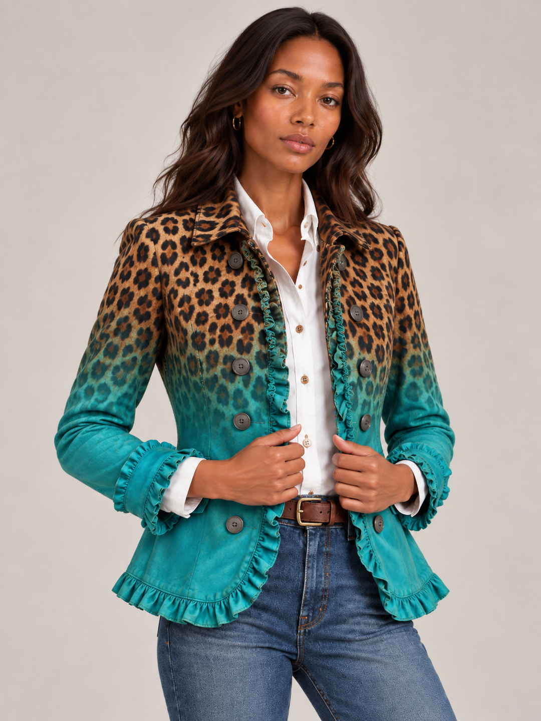 Eleganter Wintermantel Damen mit Leopardenmuster-Rüschen (4)