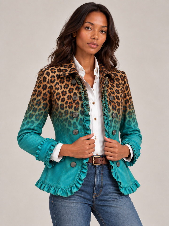 Eleganter Wintermantel Damen mit Leopardenmuster-Rüschen (4)