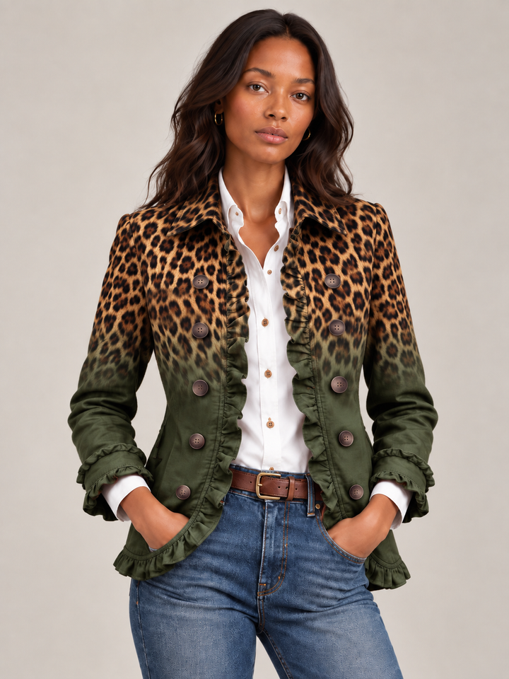 Eleganter Wintermantel Damen mit Leopardenmuster-Rüschen in Grün
