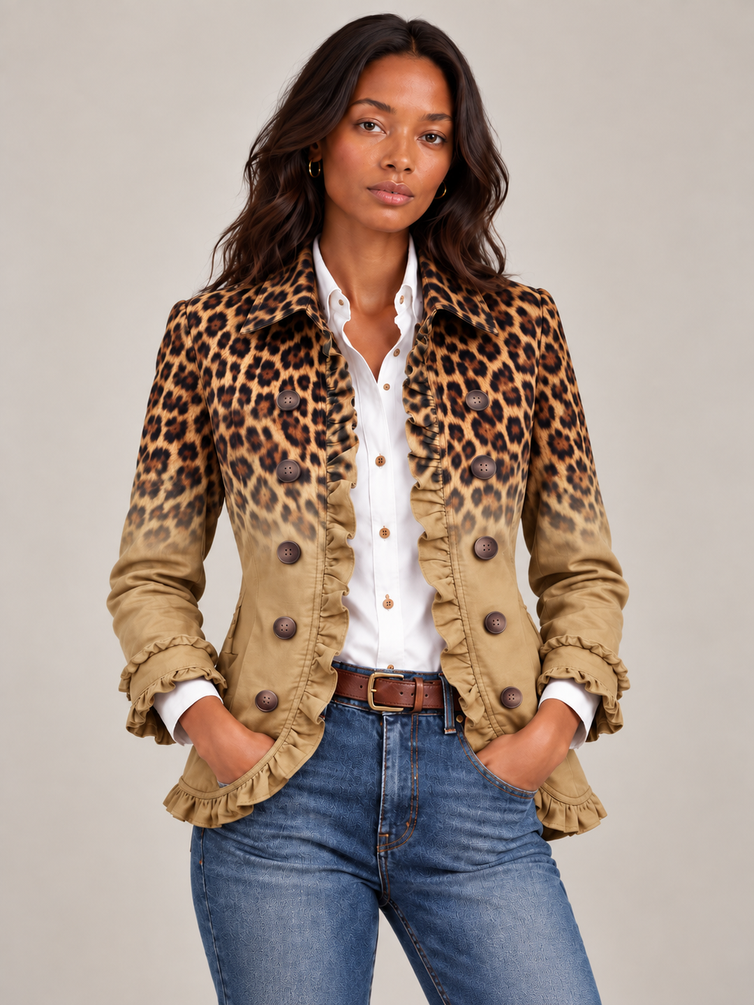 Eleganter Wintermantel Damen mit Leopardenmuster-Rüschen in Orange
