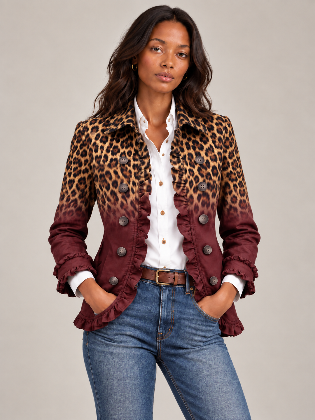 Eleganter Wintermantel Damen mit Leopardenmuster-Rüschen in Rot