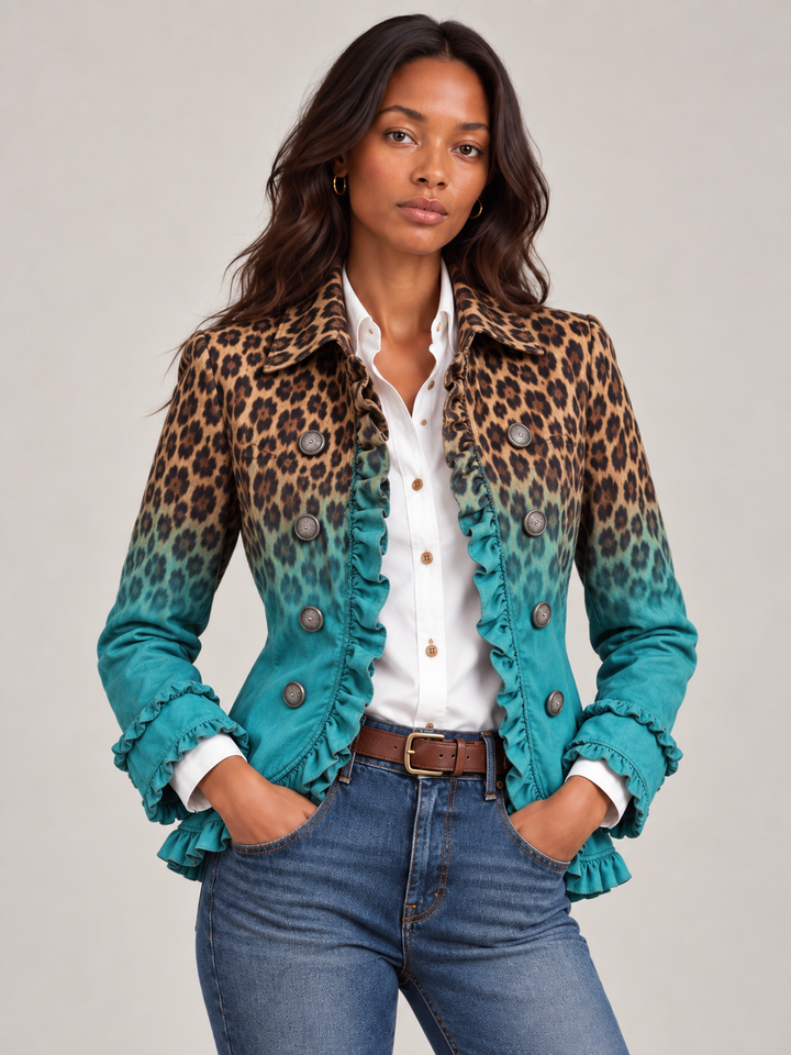 Eleganter Wintermantel Damen mit Leopardenmuster-Rüschen in Türkis