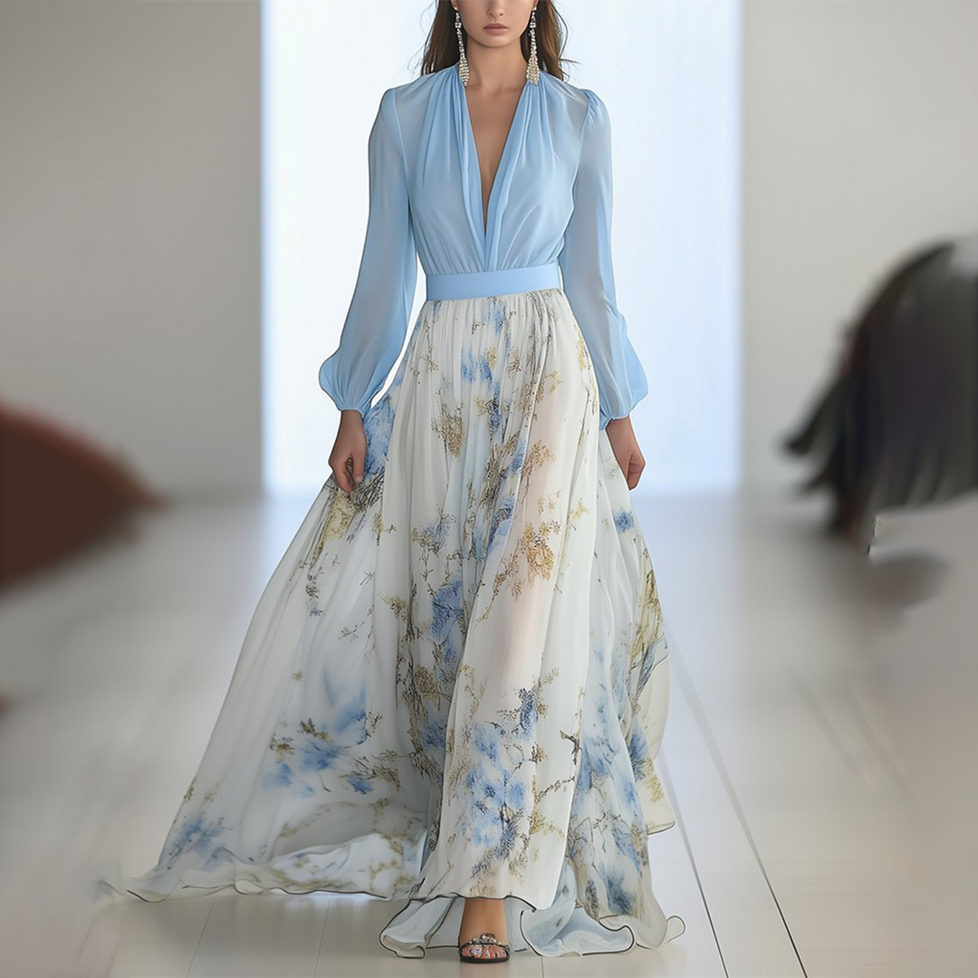 Elegantes Blumenmuster Maxikleid für Hochzeitsgäste im Herbst in Blau