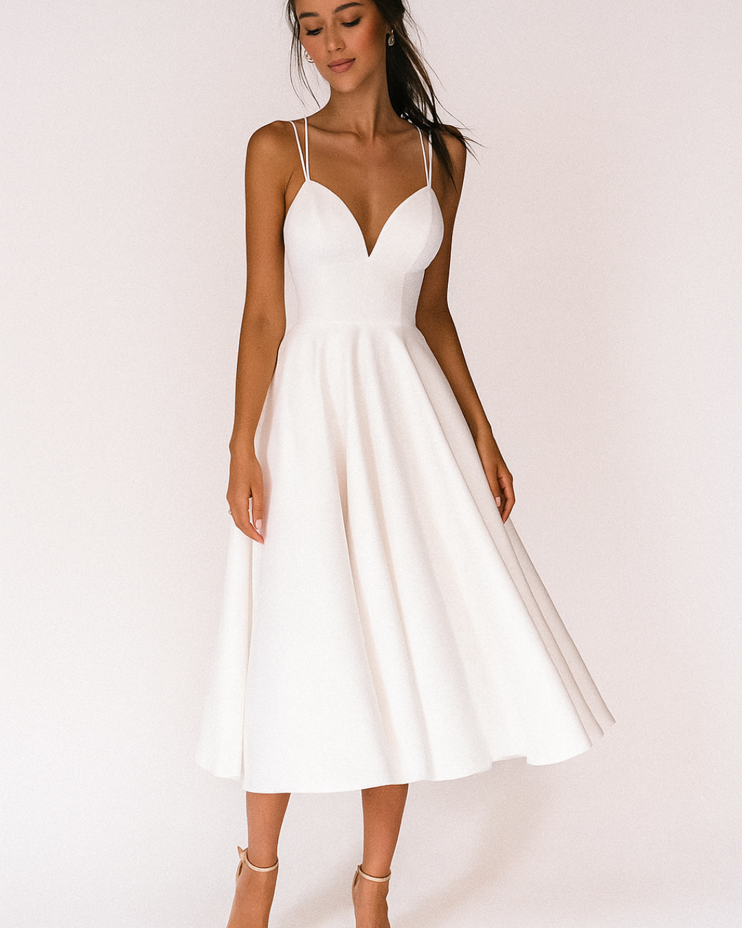 Elegantes Damen Abendkleid Midi für Hochzeiten in Weiß