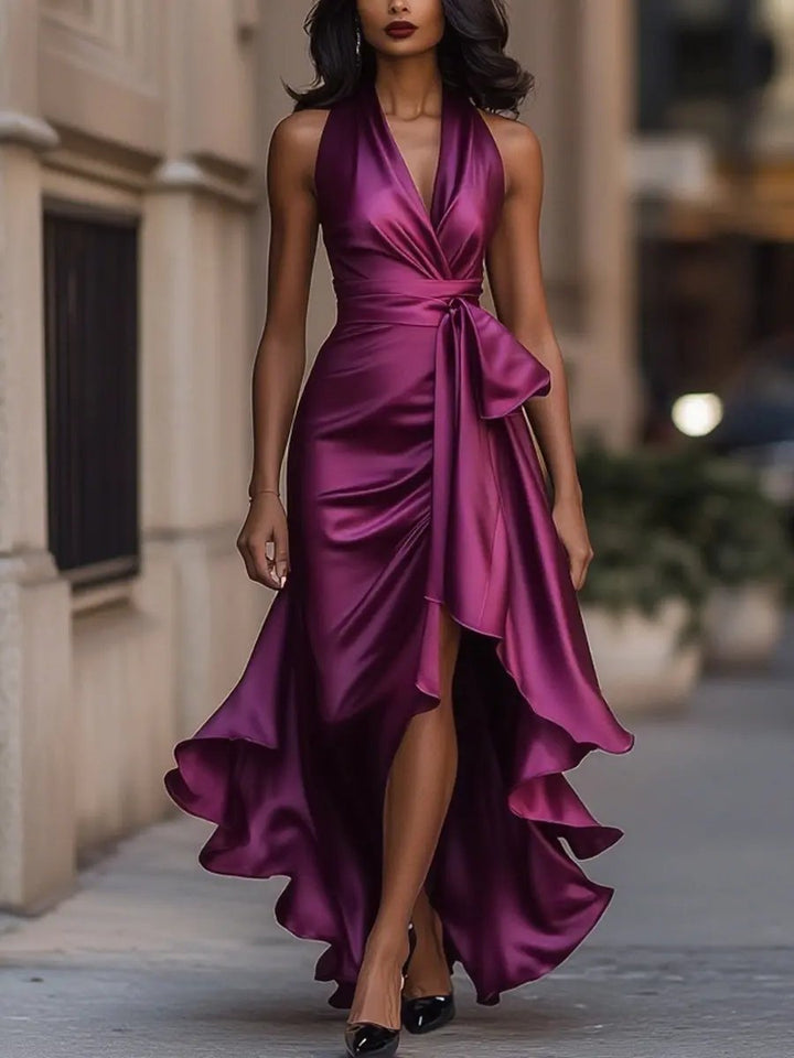Elegantes Damen Abendkleid mit Wickel-Taille für Hochzeitsgäste in Fuchsia