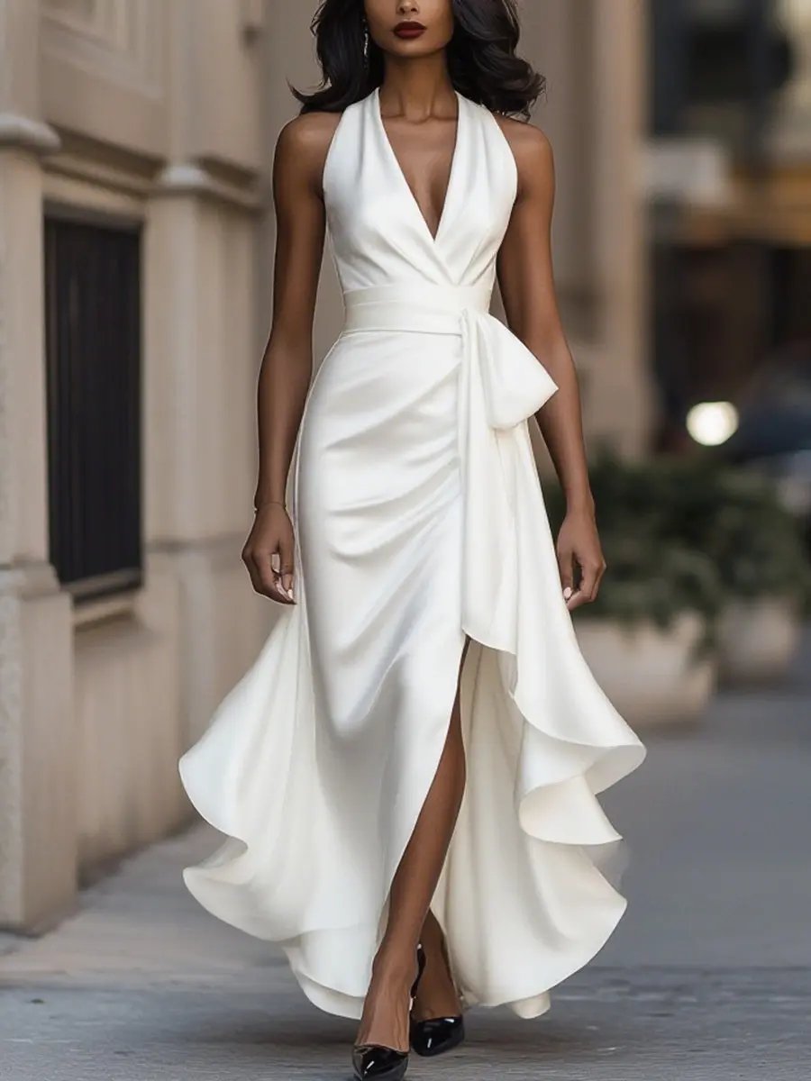 Elegantes Damen Abendkleid mit Wickel-Taille für Hochzeitsgäste in Weiß