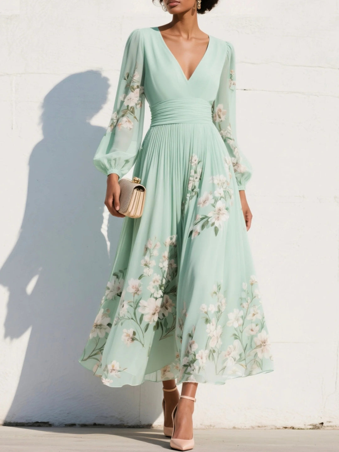 Elegantes Damen Hochzeitsgast-Midikleid mit Blumenmuster