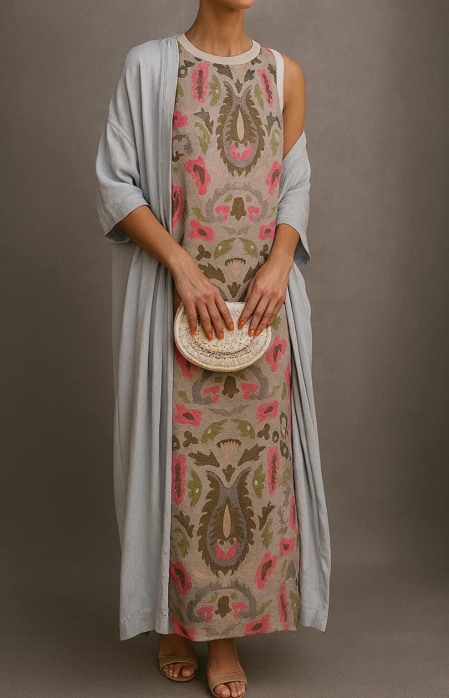 Elegantes Damen Maxikleid mit Blumenstickerei in Khaki