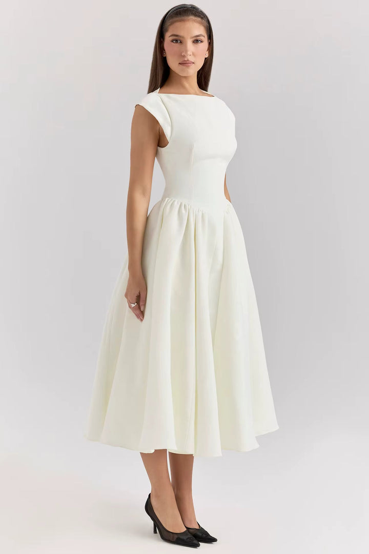 Elegantes Damen Midikleid mit Kapselärmel für Hochzeitsgäste und festliche Anlässe in Weiß