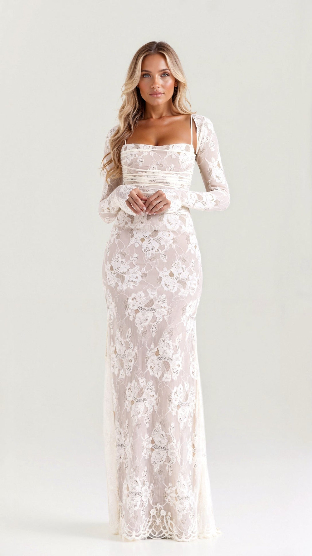 Elegantes Damen Spitzen-Maxikleid für Hochzeitsgäste in Biały